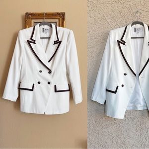VINTAGE Kasper ASL White & Brown Trim Classic Double Breasted Blazer Suit Jacket